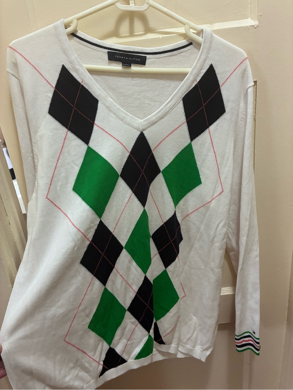 Tommy Hilfiger White V-Neck Argyle Sweater with Green & Black Diamonds